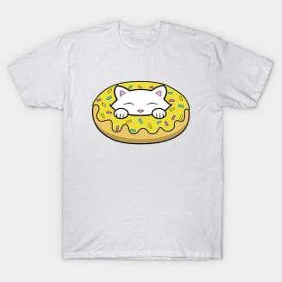 Cute white kitten eating a big yellow doughnut with sprinkles on top of it T-Shirt